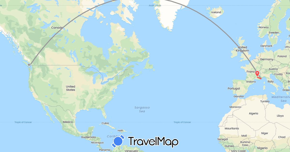 TravelMap itinerary: driving, plane, hiking in Canada, France (Europe, North America)